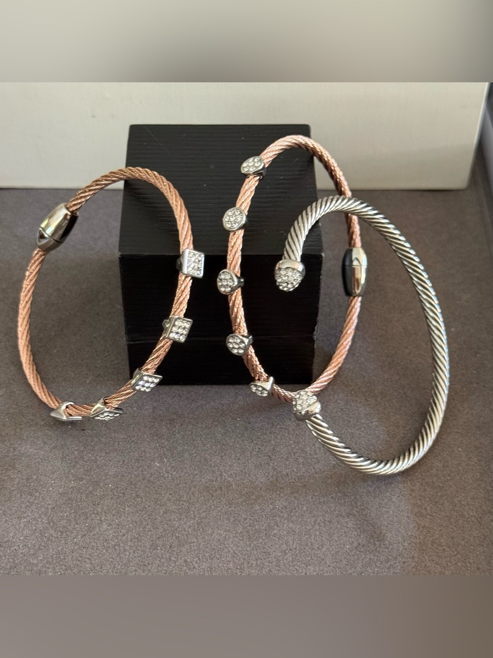 Meshmerise- 2 rose gold cable with pave accents- one sterling cuff w/pave accent
